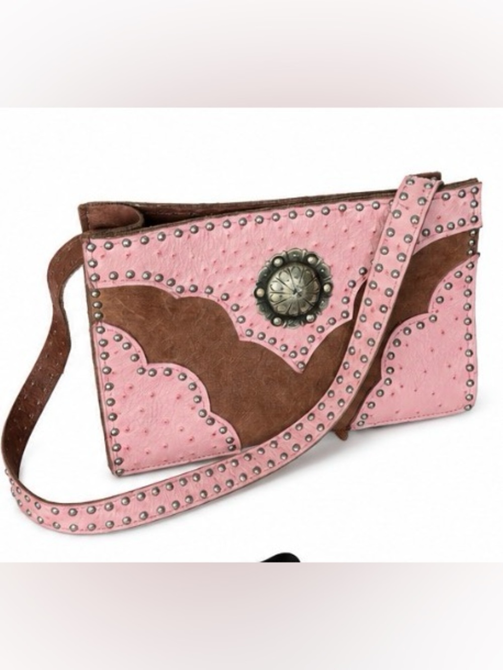 Kelly’s Cowgirl Classics Pink & Brown Studded Leather Western Crossbody Purse